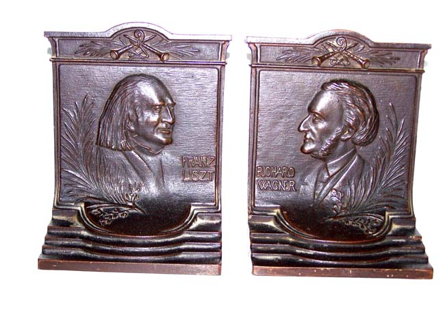A rare pair of Antique Bookends by Bradley & Hubbard circa 1915 depicting composers Richard Wagner and Franz Liszt.
